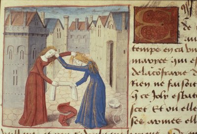 Ms Hunter 252 f.186r Deux femmes se battant, des Cent Nouvelles Nouvelles, 1462 - French School